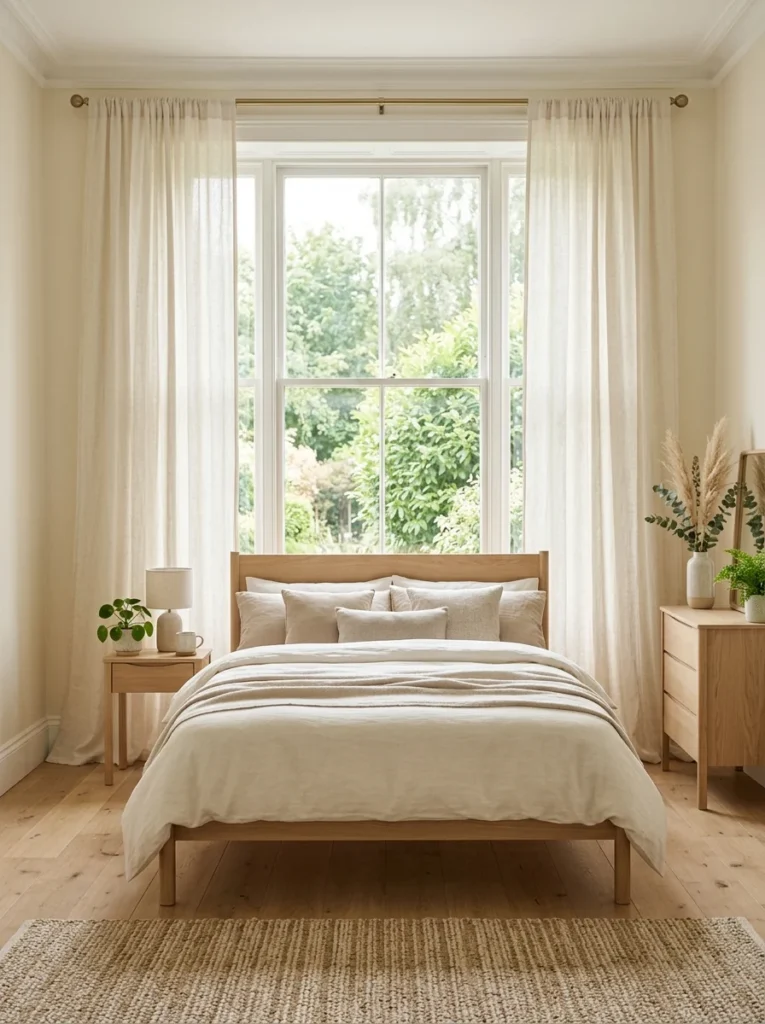 Aesthetic bedroom with floor-to-ceiling cream linen curtains.