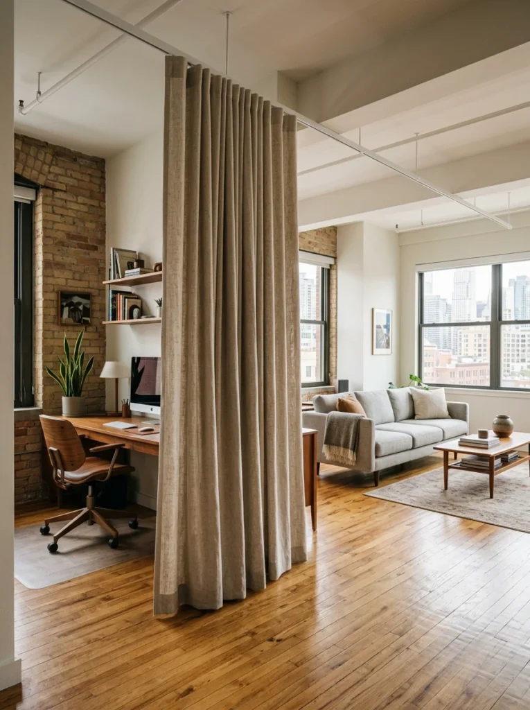 Curtain divider creating a flexible boundary between an open living room and office area.