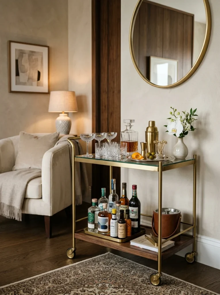 Stylish bar cart beverage station in a living room corner