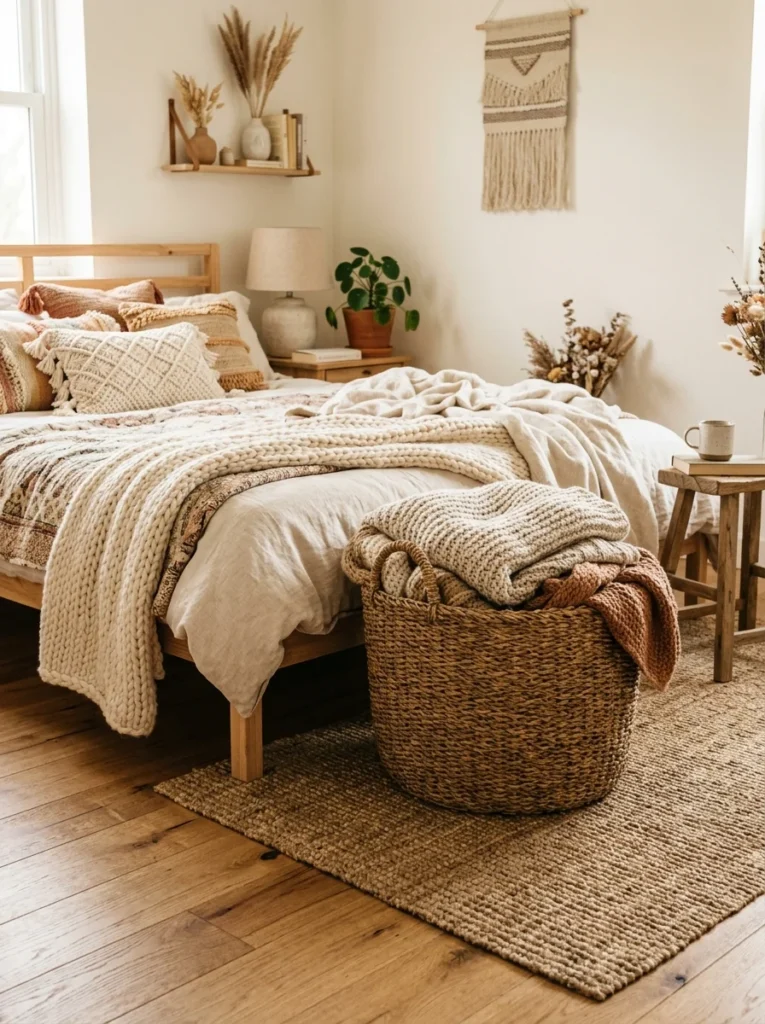 Woven basket storing blankets in a boho bedroom.