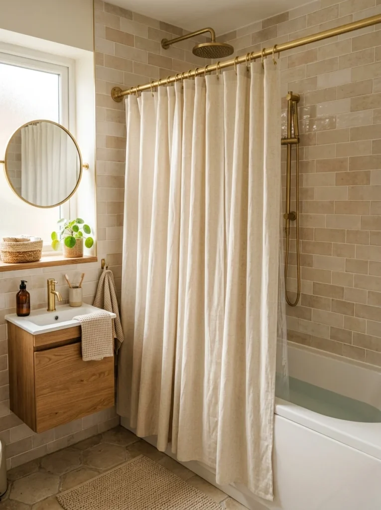 Small bathroom with a decorative outer shower curtain layered over a clear liner.