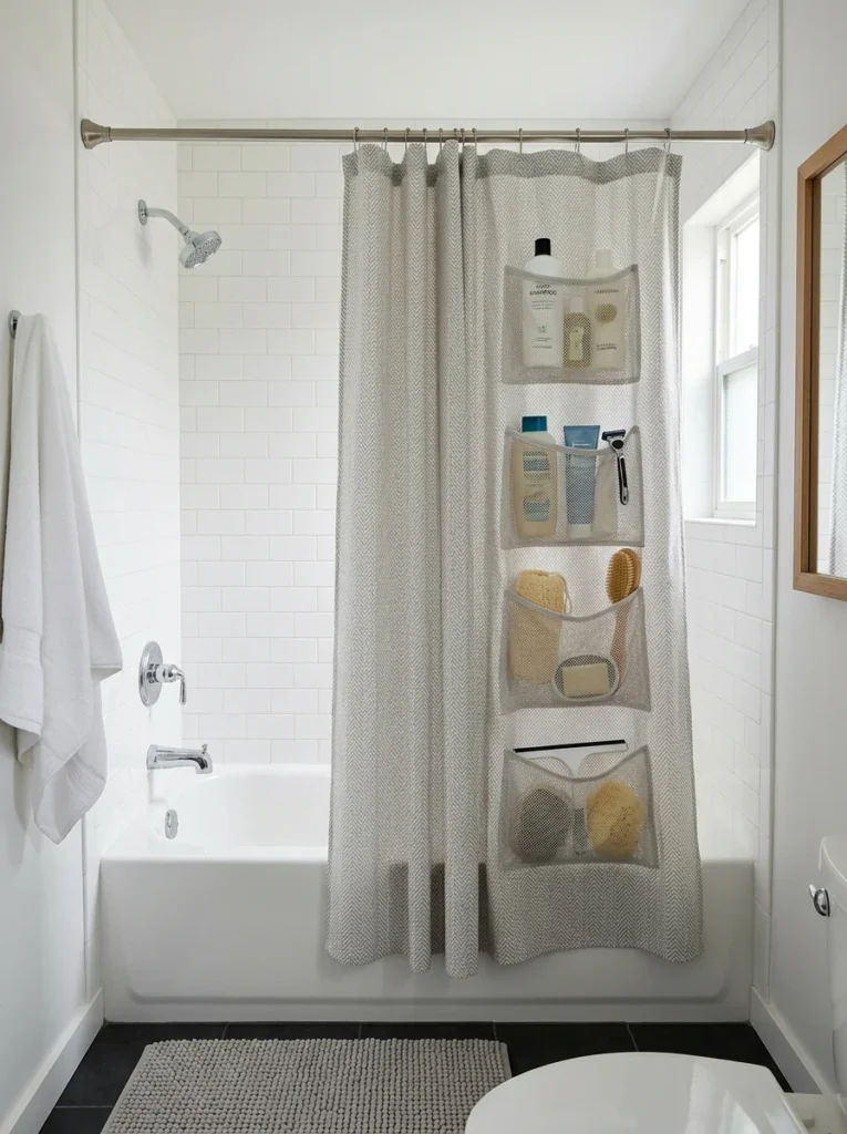 Shower curtain with built-in pockets for bath accessories