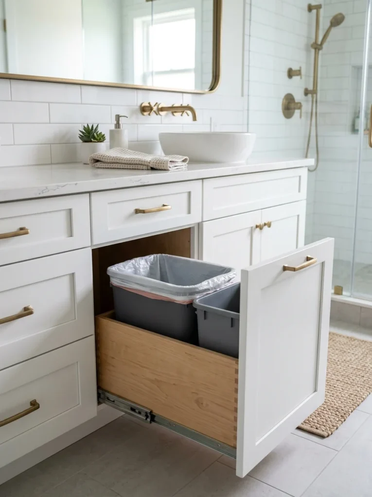 Concealed pull-out trash bin integrated inside a bathroom vanity cabinet.