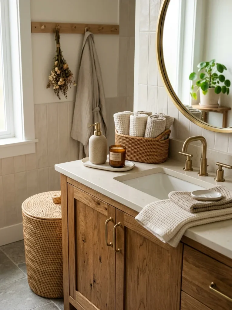 Bathroom vanity vignette with a coordinated woven trash can and accessories.