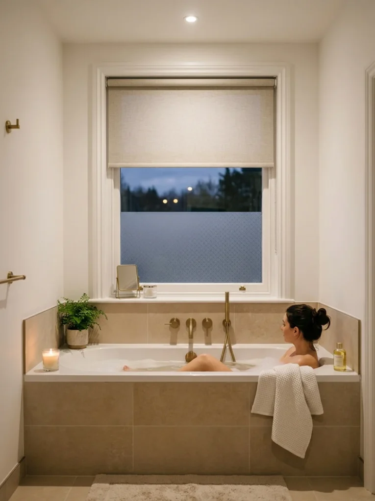 Layered bathroom window treatment combining frosted film with a roller shade.