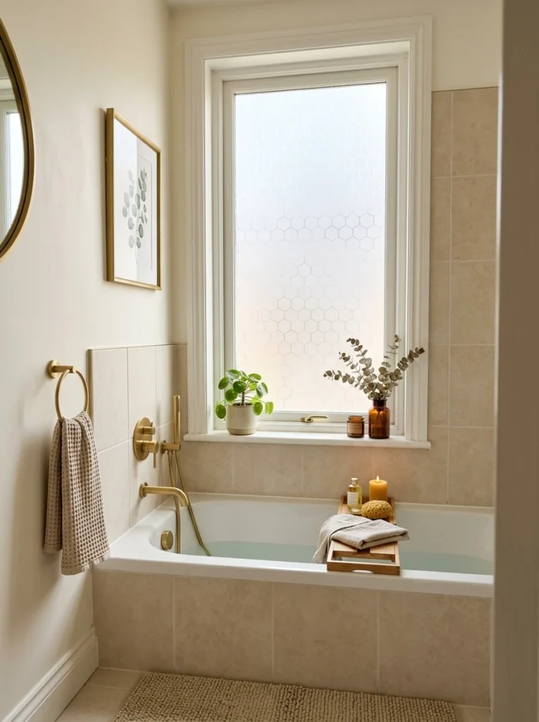 Decorative geometric frosted window film adding privacy and style to a bathroom.