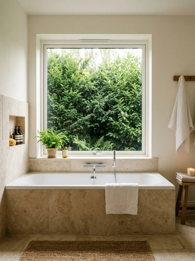 Evergreen shrubs outside a bathroom window creating natural privacy screening.