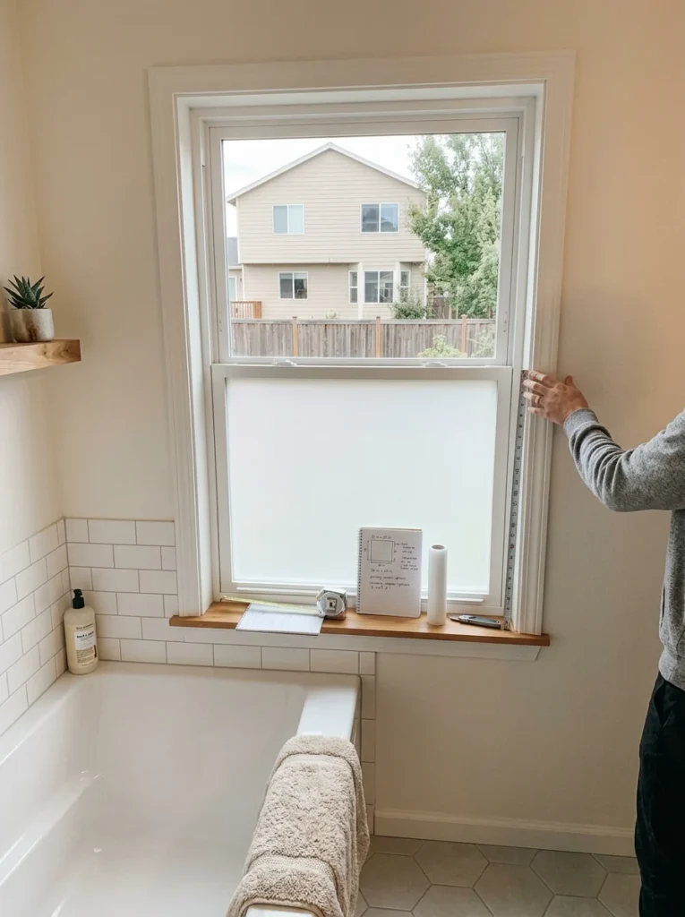 Bathroom window evaluated for neighboring sightlines before choosing a privacy treatment.