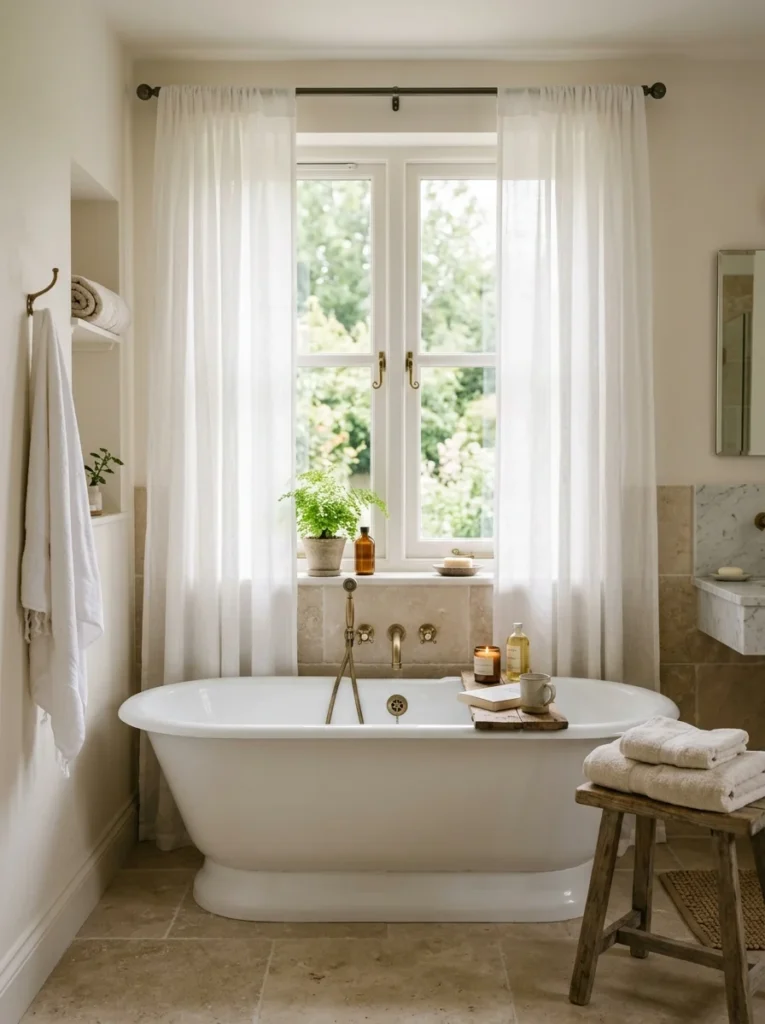 White linen sheer curtains providing soft privacy for a bathroom window.