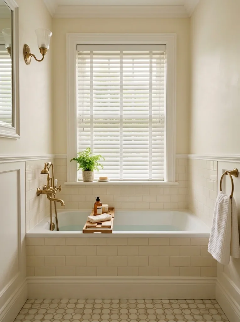 White faux wood blinds providing adjustable privacy for a bathroom window.
