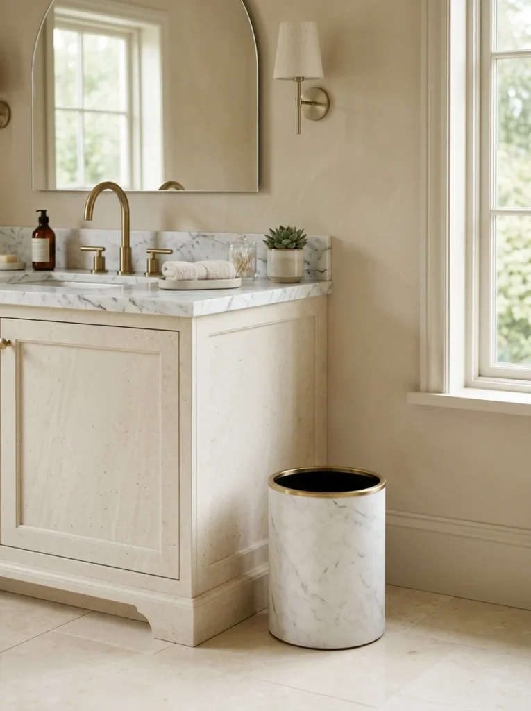 Marble-look trash can beside a luxurious neutral bathroom vanity.