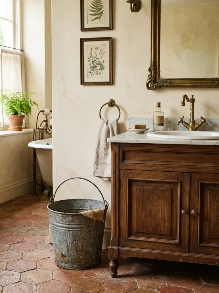 Vintage galvanized metal bathroom trash can beside a traditional vanity.