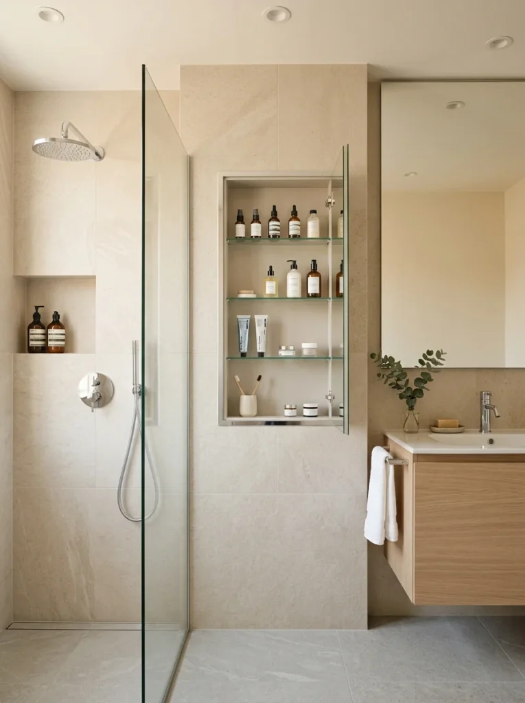 Recessed medicine cabinet providing extra bathroom storage