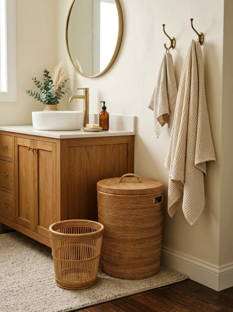 Matching rattan bathroom trash can and laundry hamper beside a vanity.