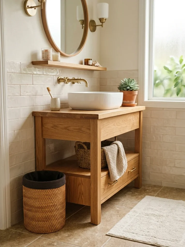 Woven rattan trash can beside a warm wood bathroom vanity.