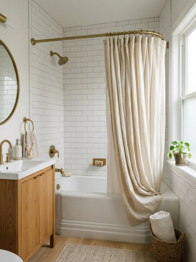 Small bathroom with two shower curtain panels creating a fuller drape.