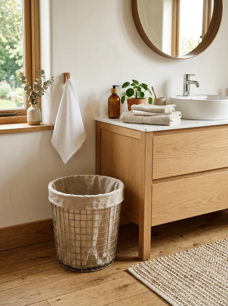 Fabric-lined bathroom trash can adding soft texture beside a vanity.