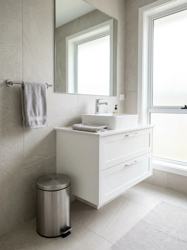 Brushed stainless steel trash can in a clean modern bathroom.