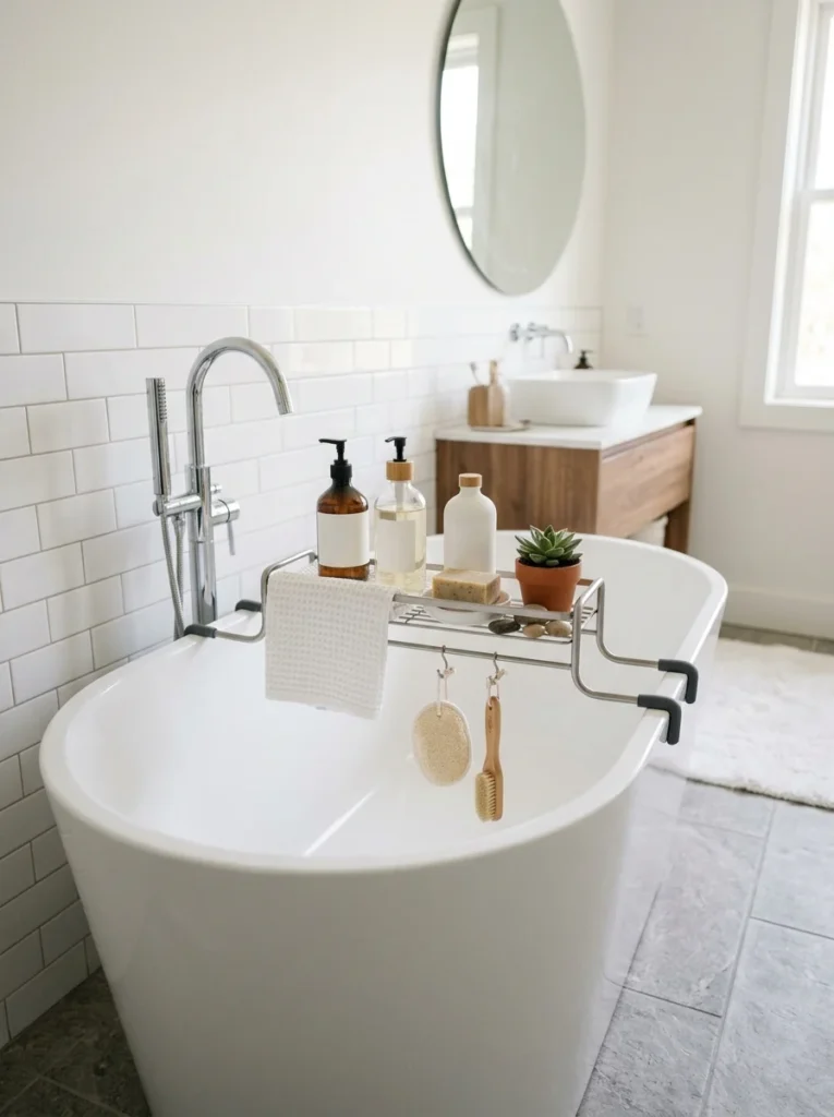 Freestanding caddy storing bath products over a tub