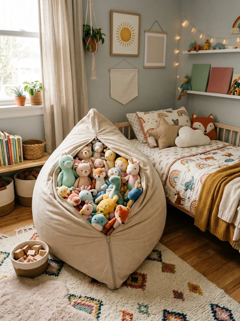 Stuffed animals stored inside a zippered bean bag chair