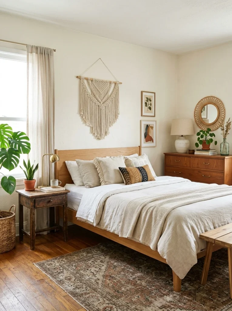 Mixed vintage and modern furniture in a boho bedroom.