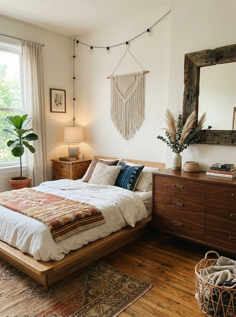 Indoor plants decorating a boho bedroom corner.