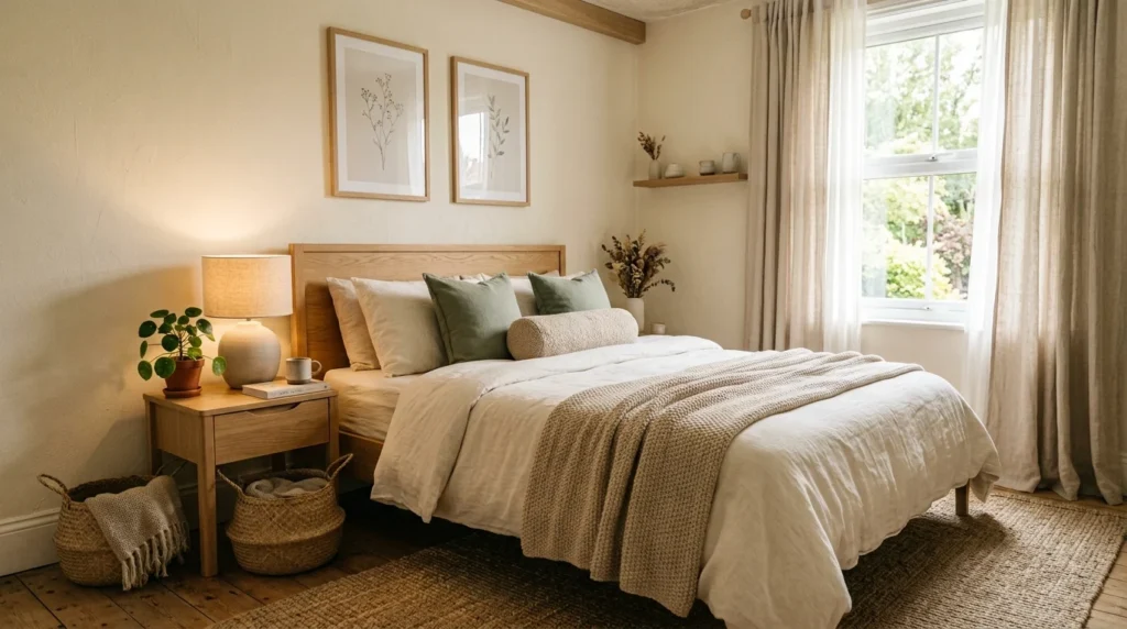 Aesthetic bedroom decor with neutral bedding, soft lighting, plants, and layered textures.