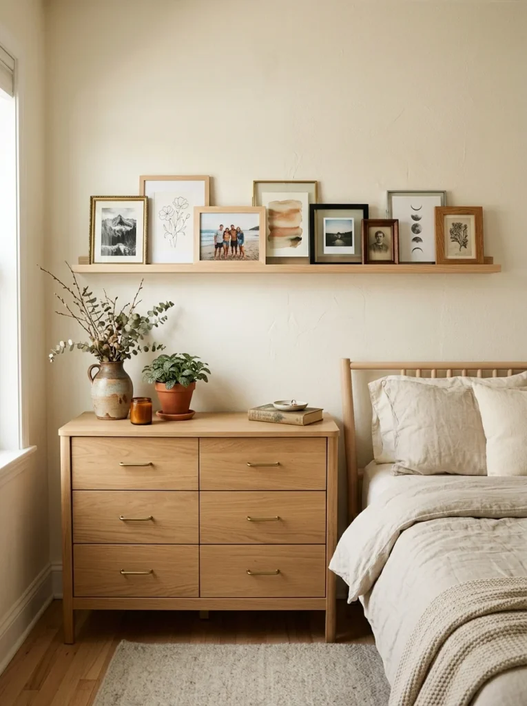 Personalized aesthetic bedroom with framed photos and meaningful artwork.