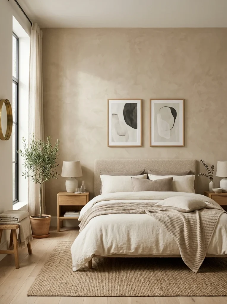 Aesthetic bedroom with a textured focal wall behind the bed.