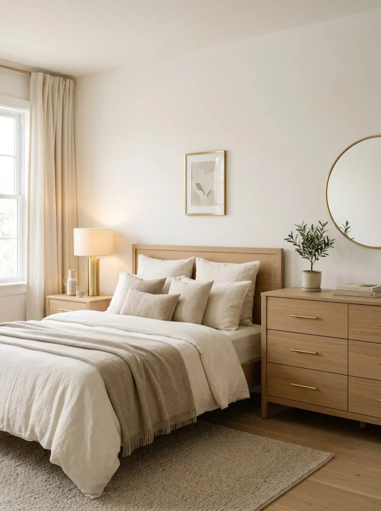 Aesthetic bedroom with coordinated brushed brass decor accents.