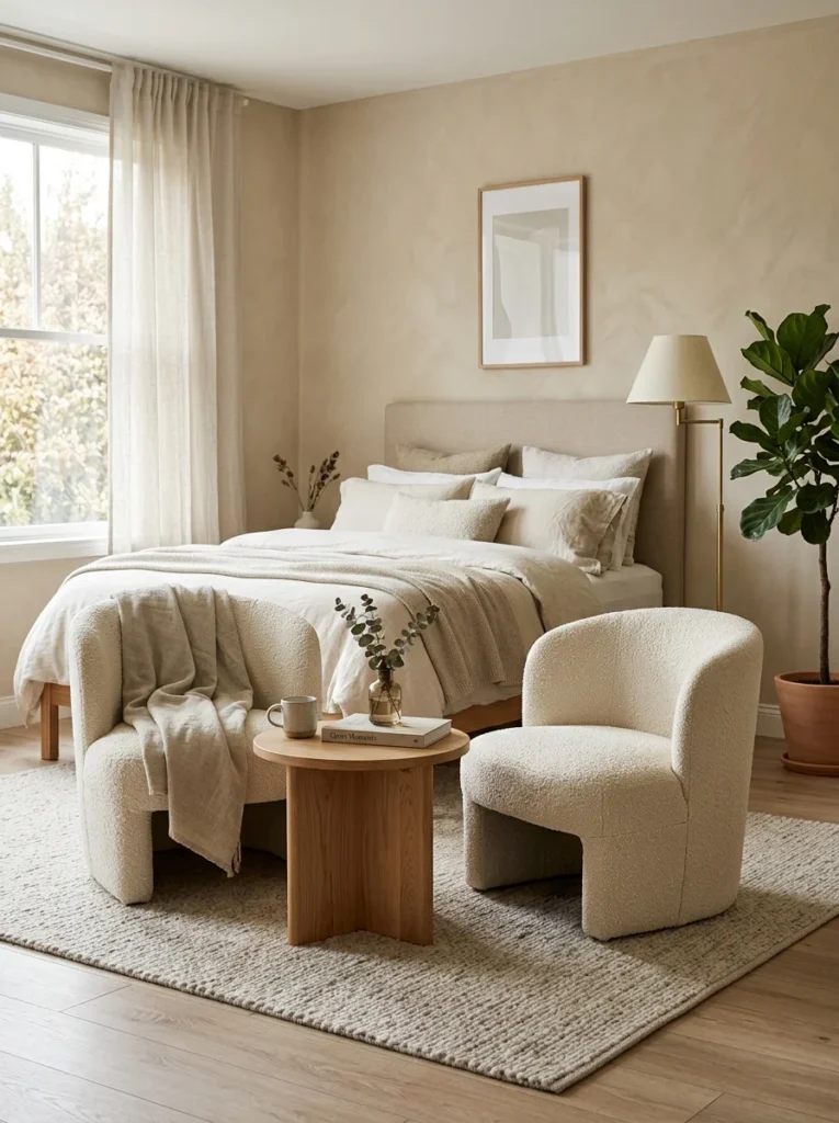 Aesthetic bedroom seating area with curved boucle chairs and a small table.