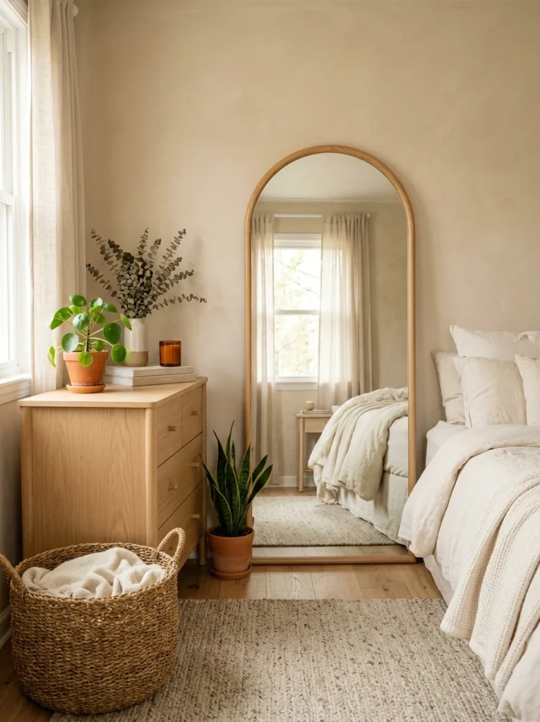Rounded bedroom mirror reflecting natural light across a neutral aesthetic room.