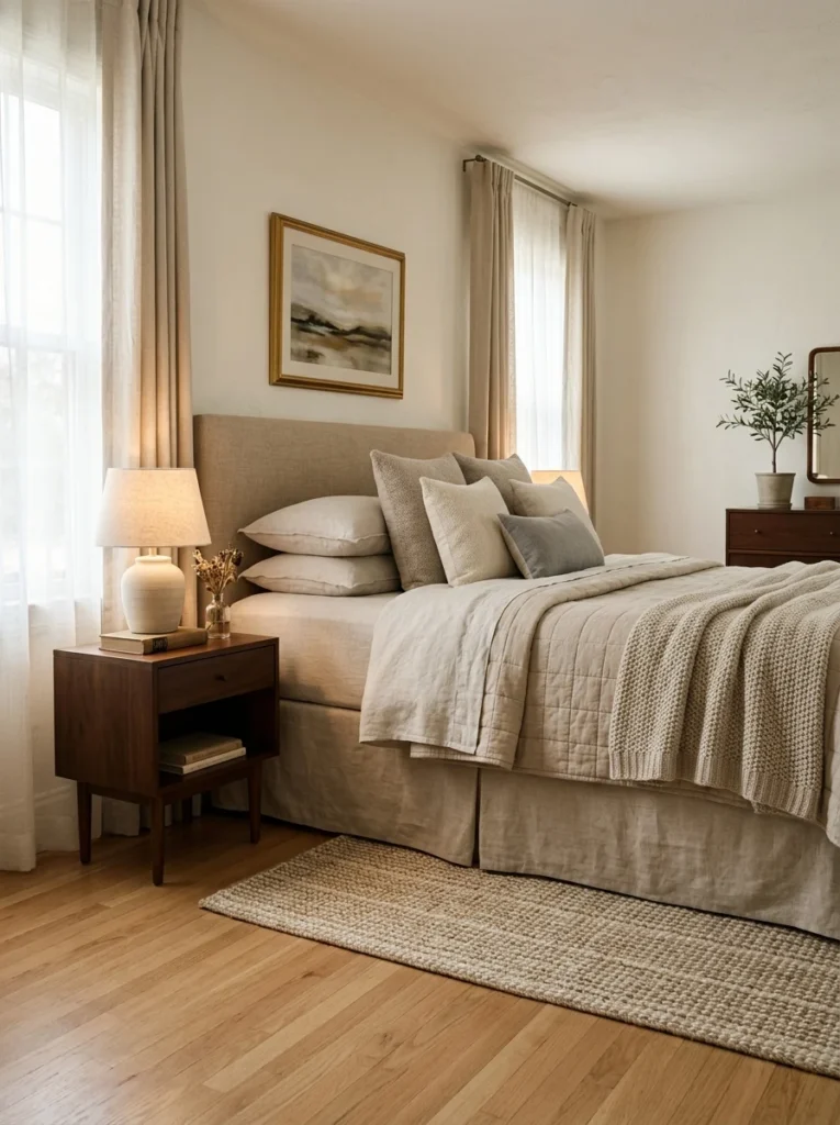 Linen bed skirt concealing storage beneath a bed