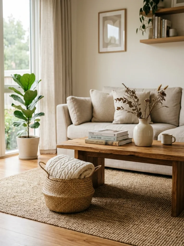 Woven basket beside a coffee table holds a neatly folded throw blanket.