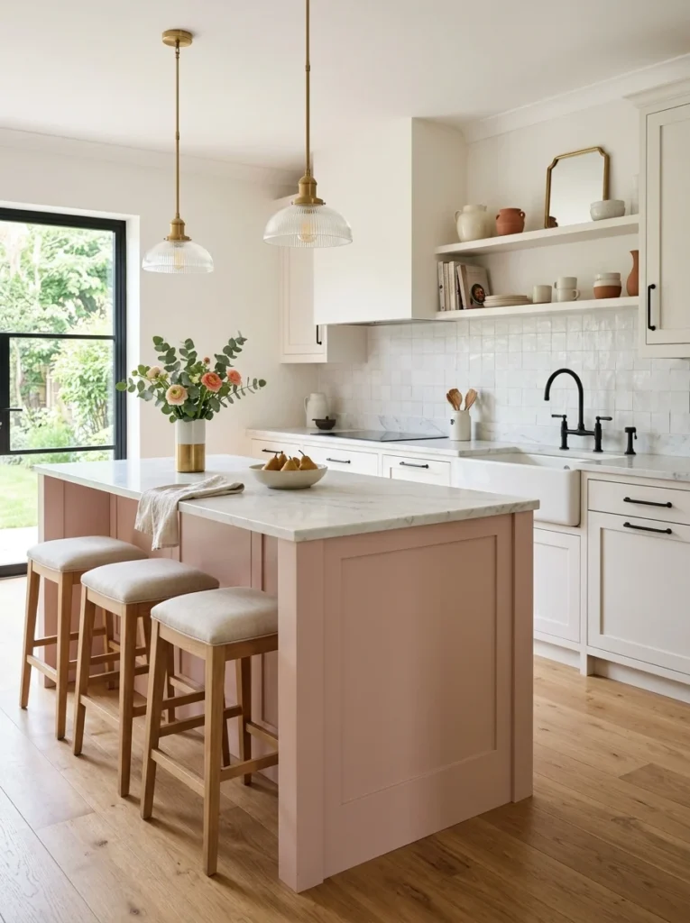 Elegant kitchen with a soft blush pink island and warm white cabinets.