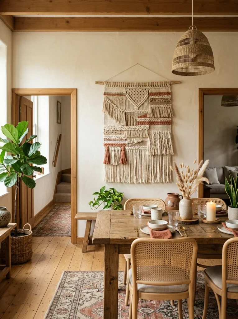 Large woven textile wall hanging adding warmth and texture to a dining room.