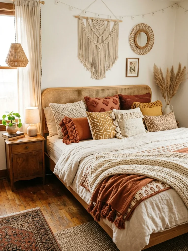 Layered boho throw pillows on a linen bed.