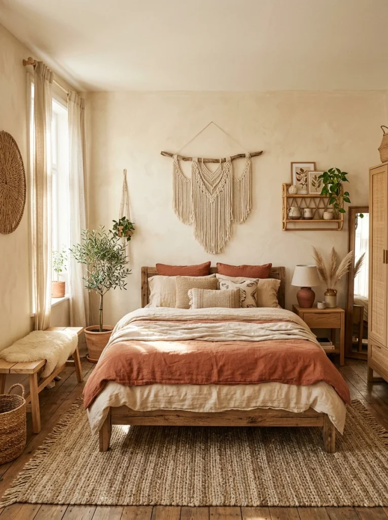 Warm neutral boho bedroom with terracotta accents.