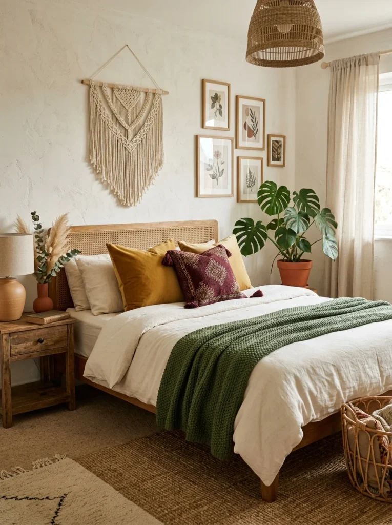 Boho bedroom with deep earthy accent colors.