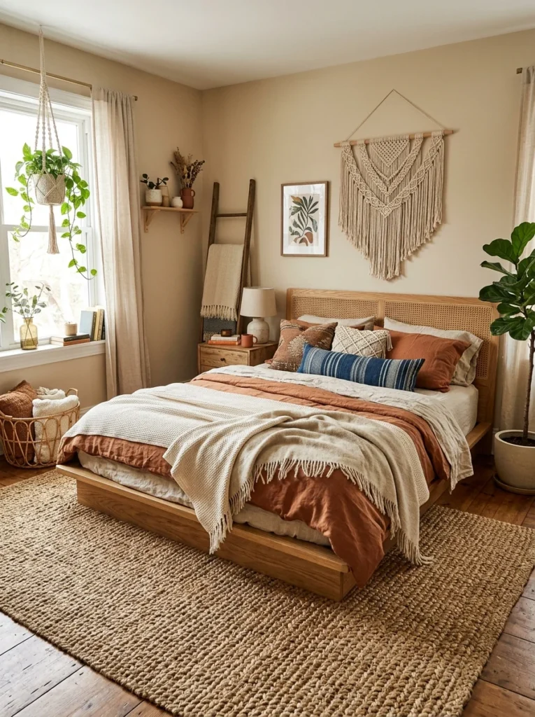 Large natural jute rug in a cozy boho bedroom