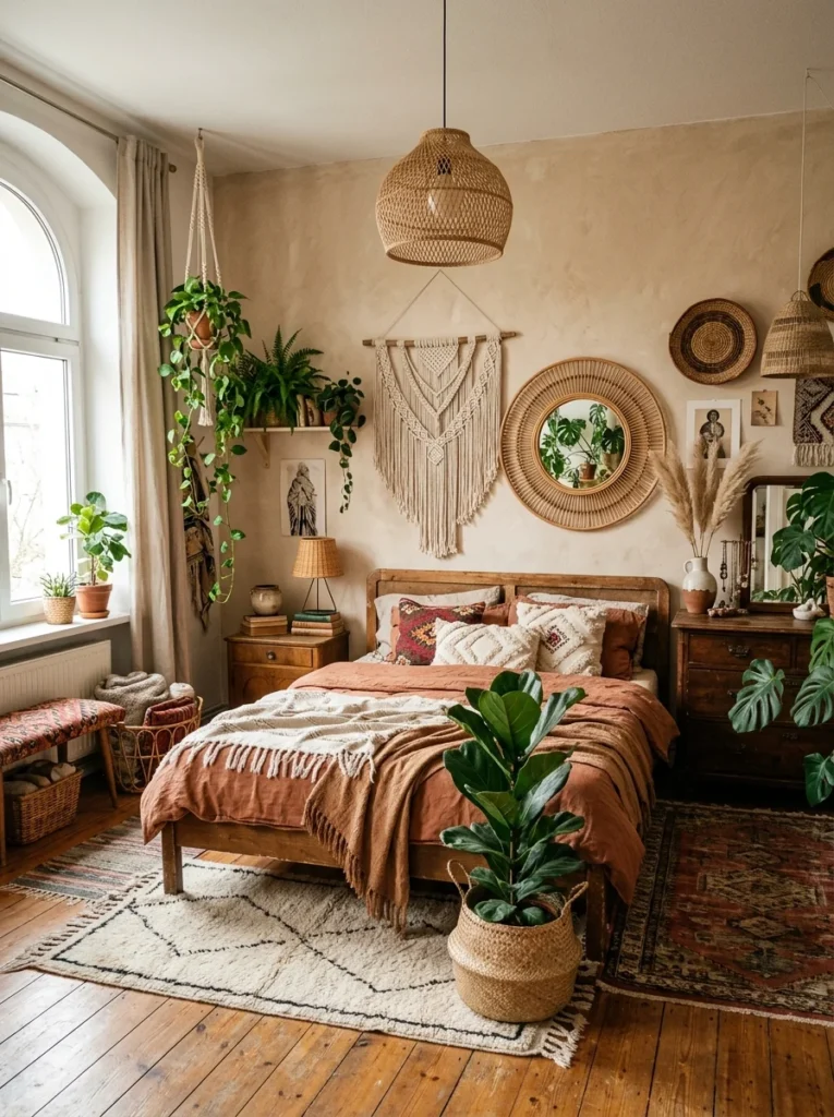 Complete boho bedroom with layered textures and collected vintage decor.