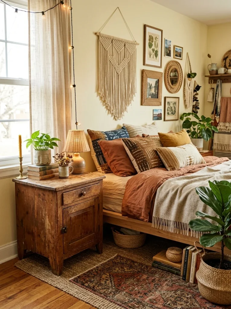 Vintage wooden nightstand in a boho bedroom.