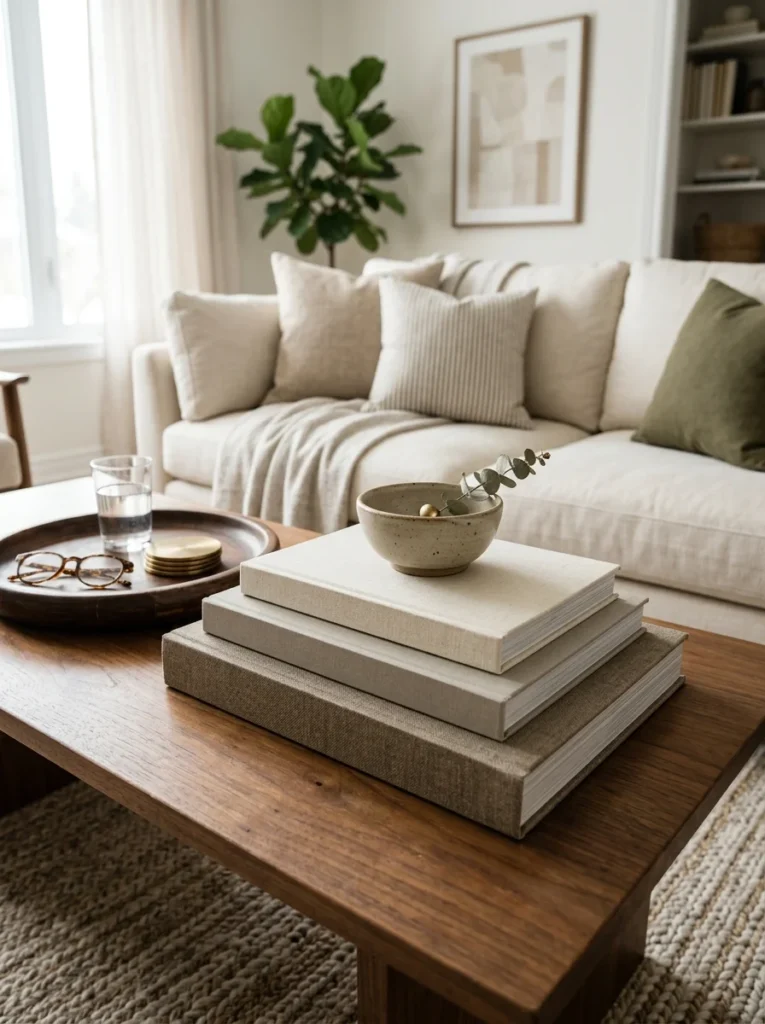 Stack of meaningful hardcover books styled on a living room coffee table.