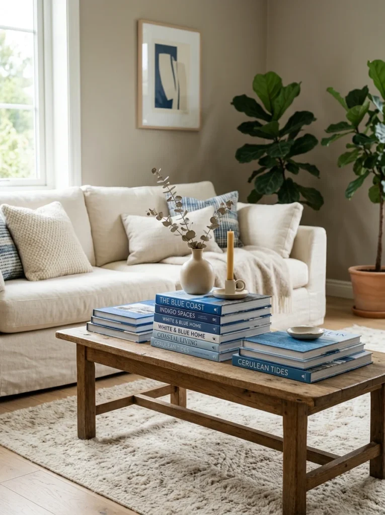 Blue and white coffee table books arranged into a coordinated decorative stack.