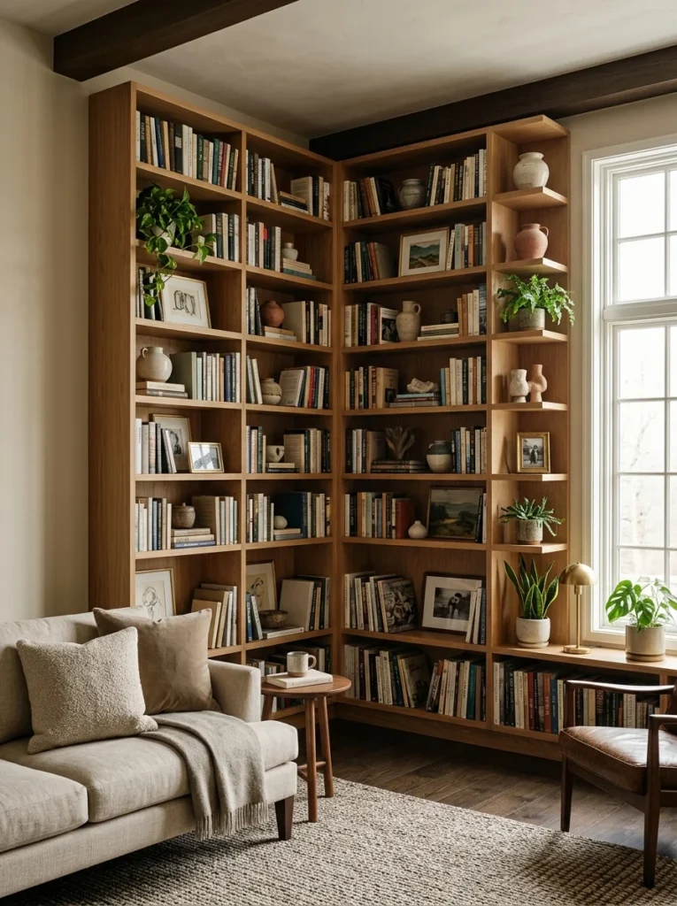 Floor-to-ceiling corner bookshelf in a stylish living room