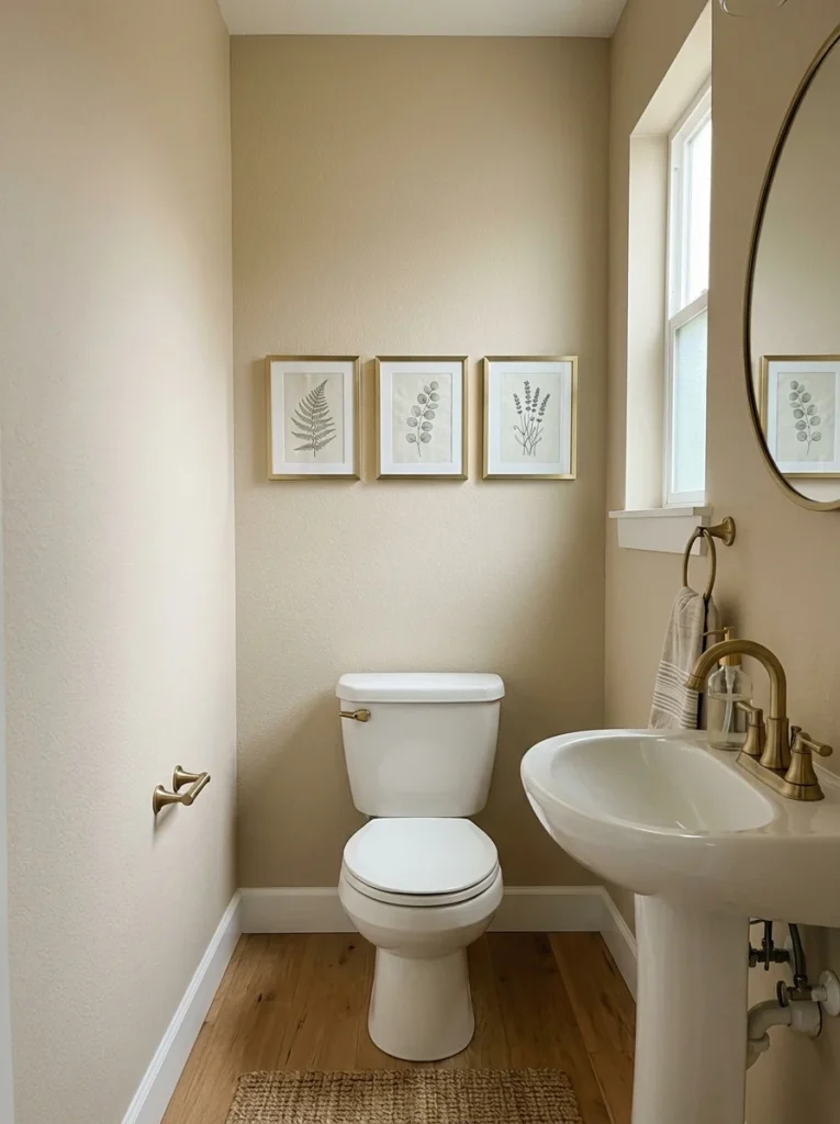 Small bathroom with a compact three-piece botanical gallery wall.