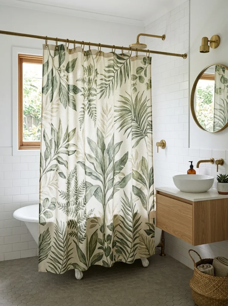 Small bathroom with a bold botanical shower curtain as the focal point.