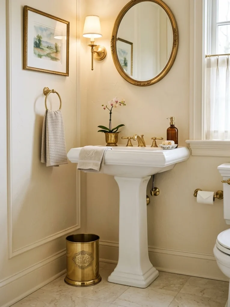 Personalized brass bathroom trash can with a subtle custom detail.