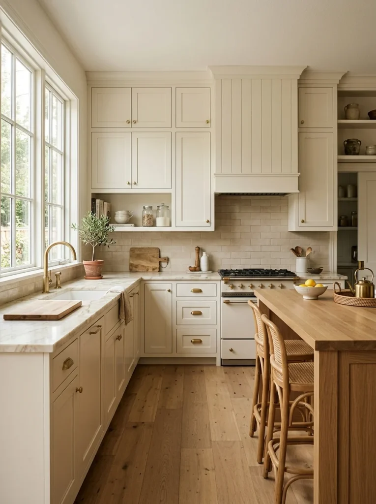 Modern kitchen with warm white cabinets and a deep navy island with brass hardware.