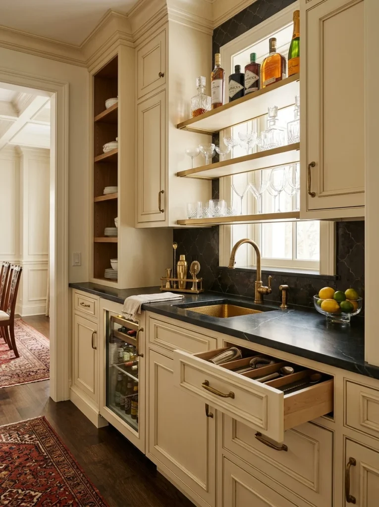 Built-in bar area with glassware, spirits, and bar sink in a butler’s pantry.